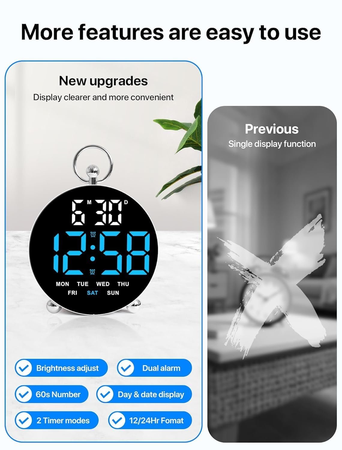 Digital Alarm Clock Round Table Clock with Date Month Monitor Compact Desk Clock for Students,Home,
